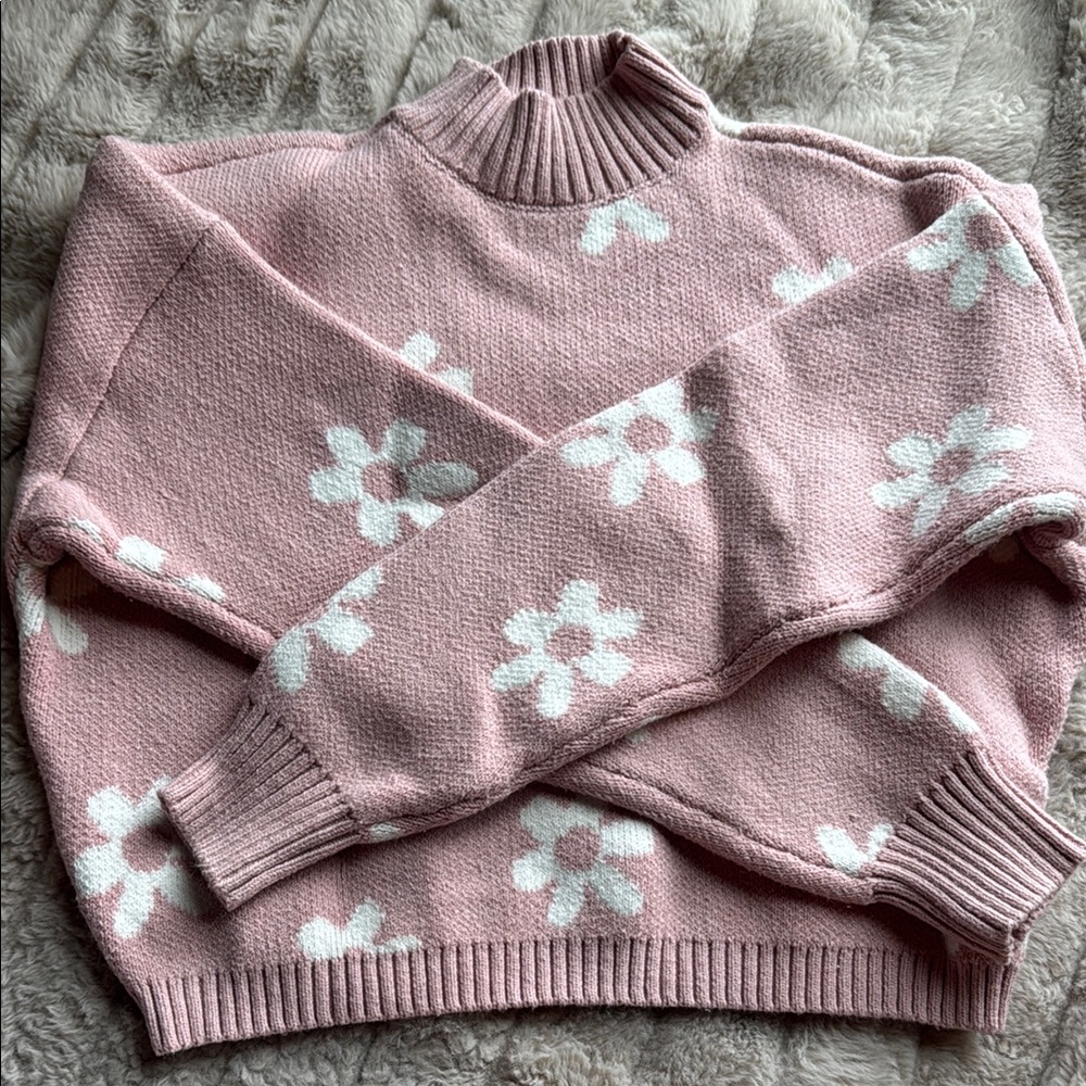 Hollister Pink and White Cowl Neck Sweater with Floral Design